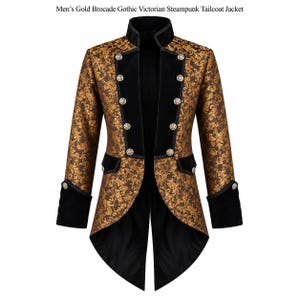 May include: A gold and brown brocade tailcoat jacket featuring a black velvet stand-up collar, black velvet lapels, and black velvet cuffs. The jacket includes silver-toned buttons along the front and cuffs, with a long, split back tail.