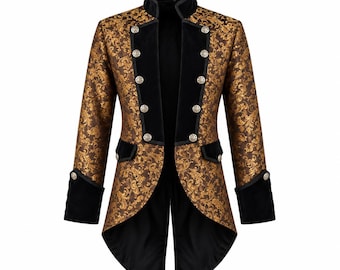 Giacca da uomo in broccato dorato stile gotico vittoriano steampunk con frac.