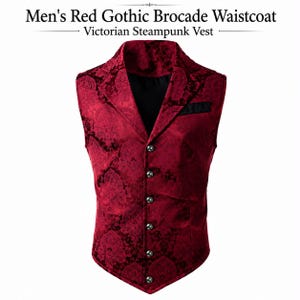 May include: A red brocade waistcoat featuring a dark floral pattern, a notched lapel, and five silver-toned buttons. The garment includes a small black pocket square detail. Text at the top reads: Men's Red Gothic Brocade Waistcoat Victorian Steampunk Vest.