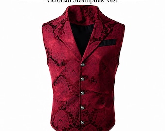 Men’s Red Gothic Brocade Waistcoat Victorian Steampunk Vest