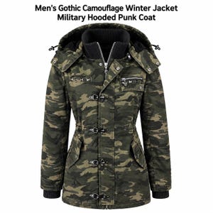 May include: A camouflage winter jacket with a hood, black ribbed collar, and metal toggle closures. The jacket features silver-tone studs on the chest, a zippered pocket, and long sleeves with ribbed cuffs. Text reads: Men's Gothic Camouflage Winter Jacket Military Hooded Punk Coat.