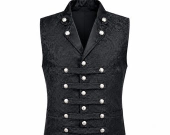 Puede incluir: Un chaleco de brocado negro con un patrón floral texturizado, solapa de muesca y un cierre frontal de doble botonadura con bandas de tela horizontales aseguradas por botones metálicos plateados. El chaleco incluye el texto: Men's Victorian Steampunk Captain Black Brocade Waistcoat Gothic Gentleman Military Vest.