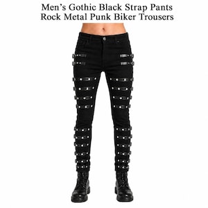 May include: Black pants featuring multiple horizontal straps across the front of each leg, secured with silver-toned metal buckles and studs. The text "Men’s Gothic Black Strap Pants Rock Metal Punk Biker Trousers" is displayed above the pants.
