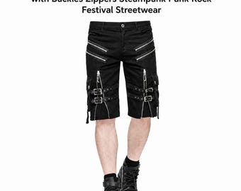 Pantalones cortos cargo góticos negros para hombre con hebillas y cremalleras, estilo steampunk, punk rock, para festivales y ropa urbana.