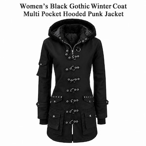 May include: A black hooded jacket featuring multiple pockets, a front zipper closure with metal ring fasteners, and silver-toned studs on the lower pockets. The text reads: Women's Black Gothic Winter Coat Multi Pocket Hooded Punk Jacket.