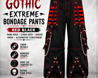 Pantalones góticos de bondage extremo, rojos y negros, estilo punk rock, cyber goth, skater, motero, streetwear alternativo.