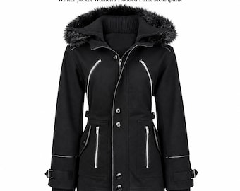 Giacca invernale nera Gothic Chase Coat da donna con cappuccio, stile punk steampunk