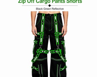 Pantalones cargo cortos para hombre estilo Cyber Goth con cremallera desmontable, color negro y verde reflectante.