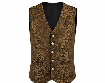 Gilet gotico da uomo firmato in broccato dorato, stile vittoriano steampunk, elegante da cerimonia.