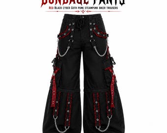 Pantalones góticos de bondage para hombre, rojos y negros, estilo cyber goth, punk, steampunk, motero.
