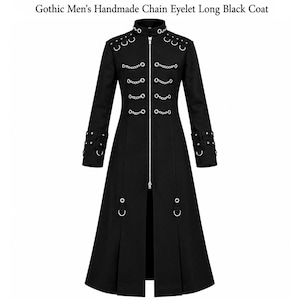 Gothic Men’s Handmade Chain Eyelet Long Black Coat Victorian Punk Military Jacket