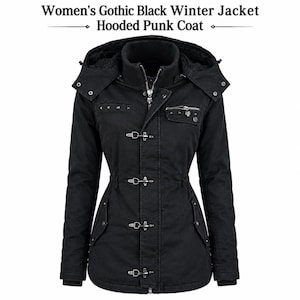 May include: A black hooded jacket featuring a high ribbed collar, a front zipper with a skull-shaped pull, and four metal toggle closures. The garment includes a zippered chest pocket with metal studs and two side pockets, with text reading Women's Gothic Black Winter Jacket Hooded Punk Coat.