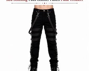 Pantalones negros góticos para hombre con tirantes, costuras rojas y paneles de piel sintética, estilo punk.