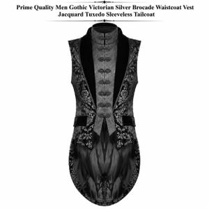 May include: A silver and black brocade sleeveless tailcoat featuring a high collar, a row of decorative frog closures, and wide black lapels. The garment displays a floral jacquard pattern and includes two horizontal pockets with black trim.