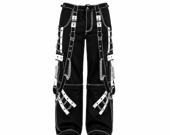 Pantalones góticos de bondage en blanco y negro para hombre con cadenas – Pantalones alternativos punk rock ciber góticos