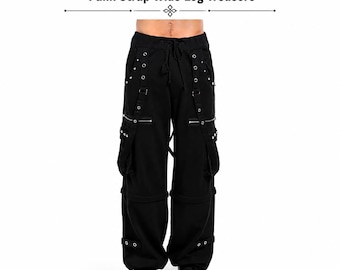 Pantalones cargo de felpa gótica negra para hombre, estilo punk, con tiras y pernera ancha.