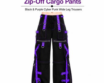 Pantalones cargo góticos con tiras en X y cremallera desmontables, color negro y morado, estilo cyberpunk, pierna ancha.