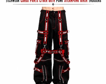 Męskie czerwono-czarne spodnie typu cargo w stylu gotyckim, bondage, cybergotyckie, punkowe, steampunkowe, motocyklowe