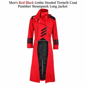 May include: A long red and black trench coat featuring a high collar, a hood, and a front panel with three horizontal black straps. The sleeves have three black bands, and the garment includes silver-toned hardware and a central black panel.