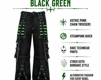 Pantalones de bondage ciber góticos para hombre, negros y verdes, estilo gótico punk con cadena, estilo steampunk motero y rave.