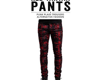 Pantalones góticos rojos de tartán, pantalones punk a cuadros, moda alternativa