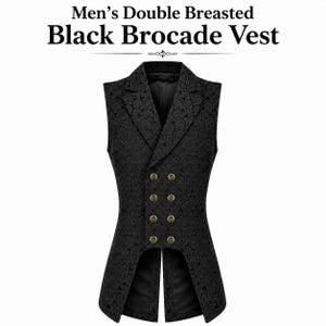 Men's Double Breasted Black Brocade Vest Gothic Steampunk Waistcoat Victorian Formal Tailcoat Wedding Vest