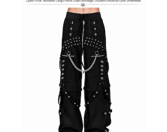 Pantalones góticos para hombre, estilo cyberpunk, techwear, pantalones cargo, pantalones con cadena, bondage, estilo industrial gótico, streetwear.