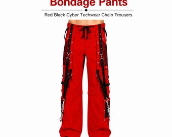 Pantalones góticos punk bondage para hombre, rojos y negros, estilo cyber tech wear, con cadena, estilo gótico streetwear.