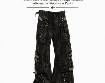 Pantalones cargo góticos para hombre con cremallera desmontable, color negro y gris, estilo ciber gótico bondage, estilo streetwear alternativo.