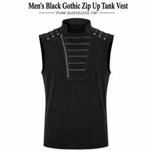 May include: A black sleeveless top featuring a high collar, a diagonal silver zipper, and horizontal fabric strips across the chest. The shoulders are accented with decorative straps and silver studs. Text reads: Men's Black Gothic Zip Up Tank Vest PUNK SLEEVELESS TOP.