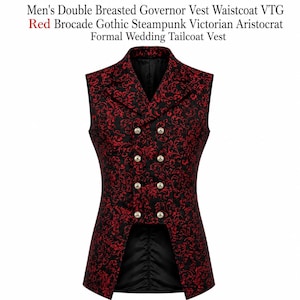Könnte beinhalten: Eine zweireihige Weste mit einem schwarzen und roten Brokat-Blumenmuster, einem steigenden Revers und acht silberfarbenen Knöpfen. Das Kleidungsstück enthält den Text: Men's Double Breasted Governor Vest Waistcoat VTG Red Brocade Gothic Steampunk Victorian Aristocrat Formal Wedding Tailcoat Vest.