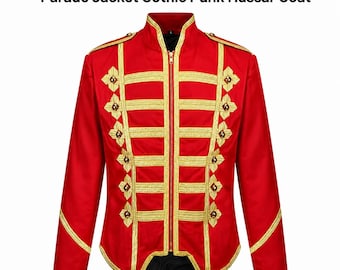 Giacca da parata militare da uomo rosso oro, stile gotico punk, da tamburino, cappotto da ussaro