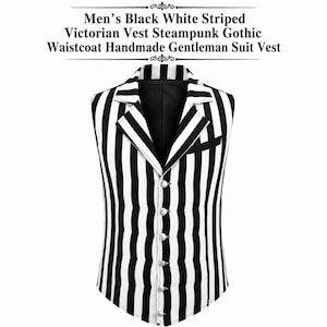 Könnte beinhalten: Eine schwarz-weiß gestreifte Weste mit steigendem Revers, einer Brusttasche und fünf silberfarbenen Knöpfen auf der Vorderseite. Der Text darüber lautet: Men's Black White Striped Victorian Vest Steampunk Gothic Waistcoat Handmade Gentleman Suit Vest.