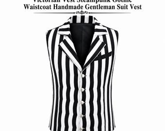 Men’s Black White Striped Victorian Vest Steampunk Gothic Waistcoat Handmade Gentleman Suit Vest