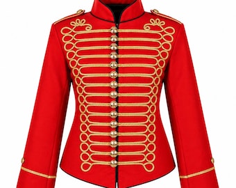 Giacca da parata militare gotica da donna, colore rosso e oro, per batteristi.