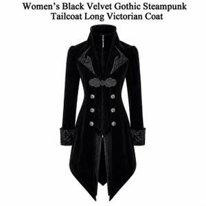 May include: A black velvet tailcoat featuring a high collar with a zipper, decorative ornate clasps at the chest, and double-breasted silver buttons. The coat includes patterned lapels and cuffs, with a long, pointed hemline in the back.