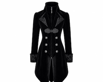 Women’s Black Velvet Gothic Steampunk Tailcoat Long Victorian Coat