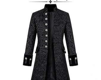 Męski czarny brokatowy gotycki surdut | Kurtka w stylu wiktoriańskim steampunk