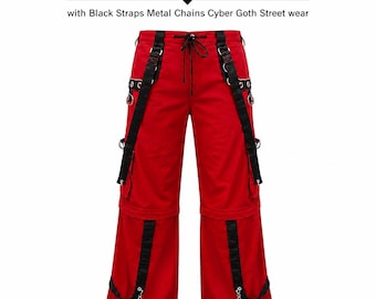 Handgemachte Rote Gothic Punk Hose mit Schwarzen Trägern Metallketten Cyber Goth Street wear