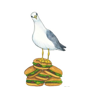 Puede incluir: Una ilustraci&oacute;n de acuarela de una gaviota de pie sobre una pila de cinco hamburguesas. La gaviota est&aacute; mirando directamente al espectador con una expresi&oacute;n ligeramente traviesa. Las hamburguesas est&aacute;n apiladas en forma de pir&aacute;mide, siendo la hamburguesa superior la m&aacute;s grande. La ilustraci&oacute;n est&aacute; firmada "F'17" en la esquina inferior derecha y "R. FISHER STUDIOS" en el centro inferior.