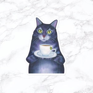 Cat with Tea Sticker, Funny Cat Sticker, Water Bottle Stickers, Laptop Stickers, Laptop Decals, Funny Stickers, Watercolor Stickers