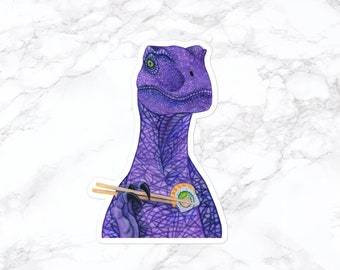 Velociraptor With Sushi Sticker, Dinosaur Sticker, Water Bottle Stickers, Laptop Stickers, Laptop Decals, Funny Stickers