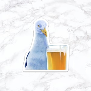 Pegatina de gaviota con cerveza, pegatinas para botellas de agua, pegatinas para portátiles, calcomanías para portátiles, pegatinas divertidas, pegatinas de acuarela