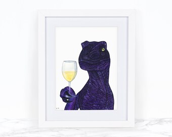 Impresión de arte de dinosaurio de acuarela, Velociraptor, impresión de arte de vino blanco, impresión de arte animal caprichosa, decoración de la pared de la cocina, decoración de la cocina del dinosaurio