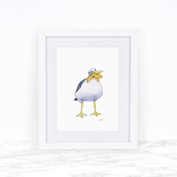 Seagull Art Print Funny Food Gift Whimsical Animal Art Watercolor Art Print Watercolor Bird Art Beach Decor Coastal Wall Art French Fry