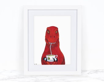 Watercolor Dinosaur Art Print, Tea Rex Art Print, Dinosaur Kitchen Art, Dinosaur Print, Dinosaur Wall Art, Dinosaur Decor, Dinosaur Painting