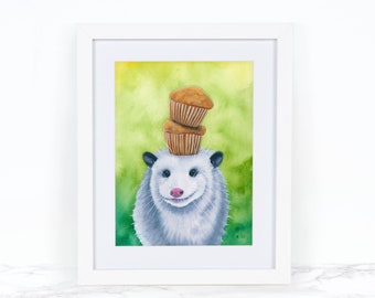 Watercolor Opossum Art Print, Kitchen Decor, Whimsical Animal Art Print, Whimsical Art Print, Watercolor Painting, Wildlife Art Print