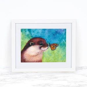 River Otter Print, Butterfly Art Print, Whimsical Animal Art Print, Whimsical Art Print Watercolor, Wildlife Art Print