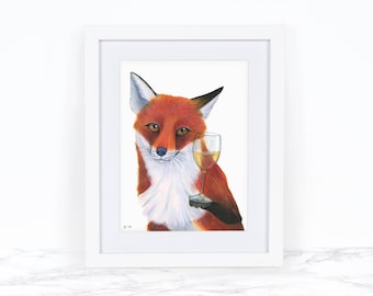 Acuarela Fox Arte Impresión, Pintura de Zorro, Caprichosa Animal Art Print, Impresión de Arte del Vino, Impresión de Arte Caprichoso, Arte de la pared de la cocina, Decoración de la cocina