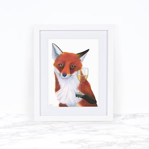 Watercolor Fox Art Print, Fox Painting, Whimsical Animal Art Print, Wine Art Print, Whimsical Art Print, Kitchen Wall Art, Kitchen Decor